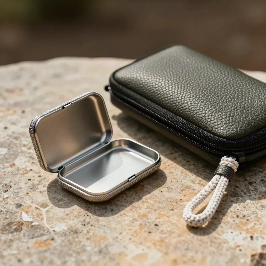 Macro still life of metal token cases, carry pouch, and braided lanyard on warm stone.