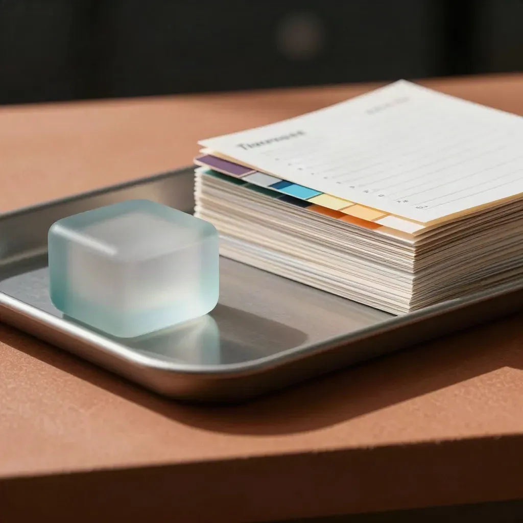Audit tray, frosted glass paperweight, and tabbed index cards on warm terracotta.