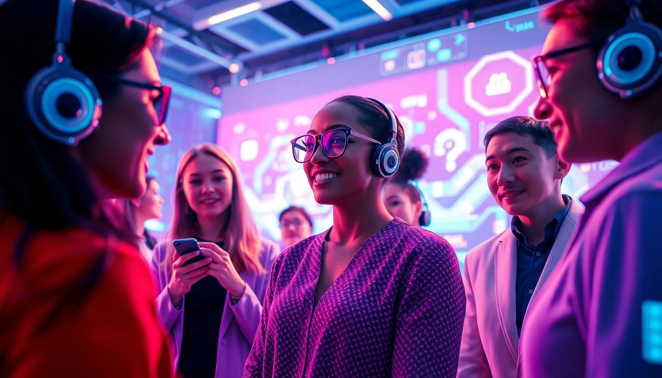 Engaging scene of individuals interacting with sex AI chatbots in a futuristic environment, expressing emotion and connection.