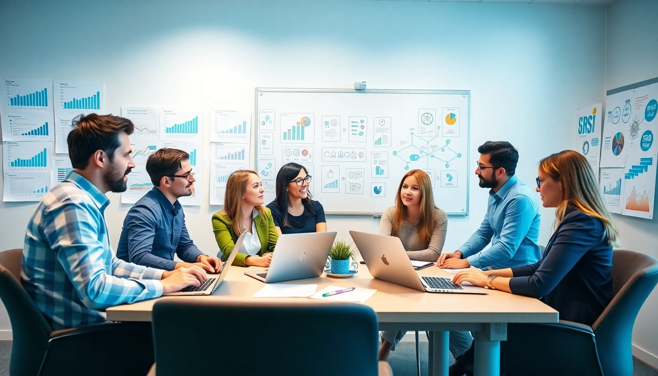 Engaged professionals from social media marketing companies edmonton collaborating actively in a modern office.