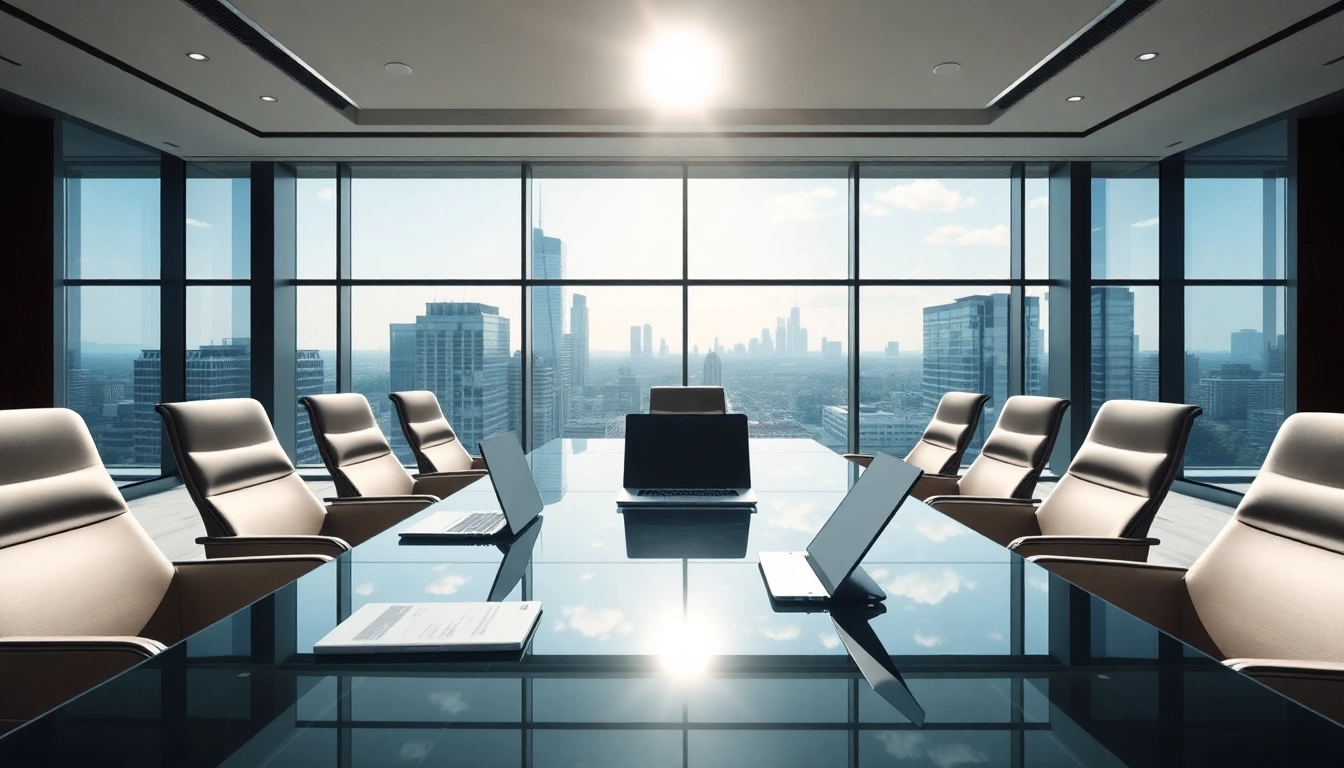 Visualize the concept of a luxembourg holding company with a modern boardroom setting and skyline view.