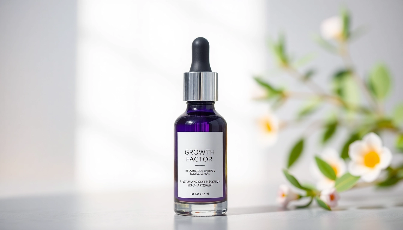 Promote a growth factor serum with elegant bottle and inviting natural setting.