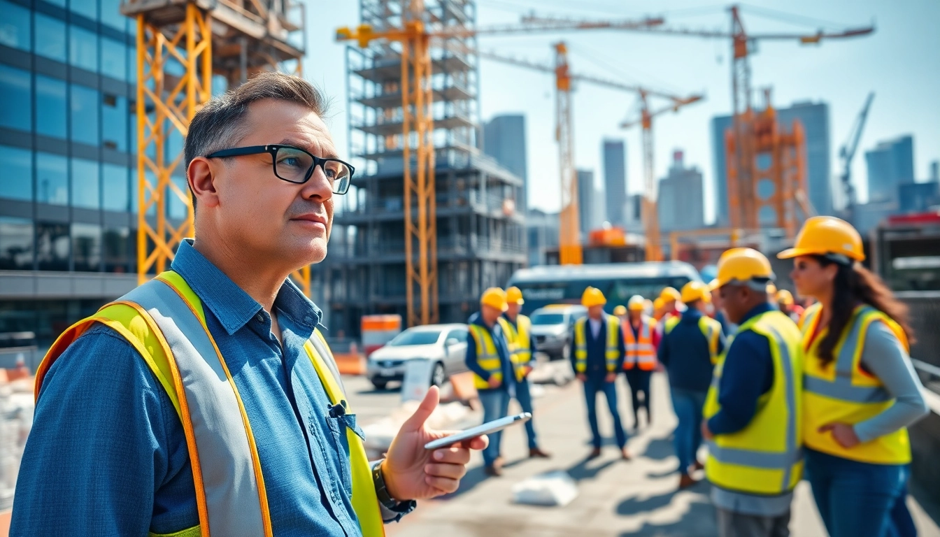New York City Construction Manager supervising a busy construction site with a diverse team.