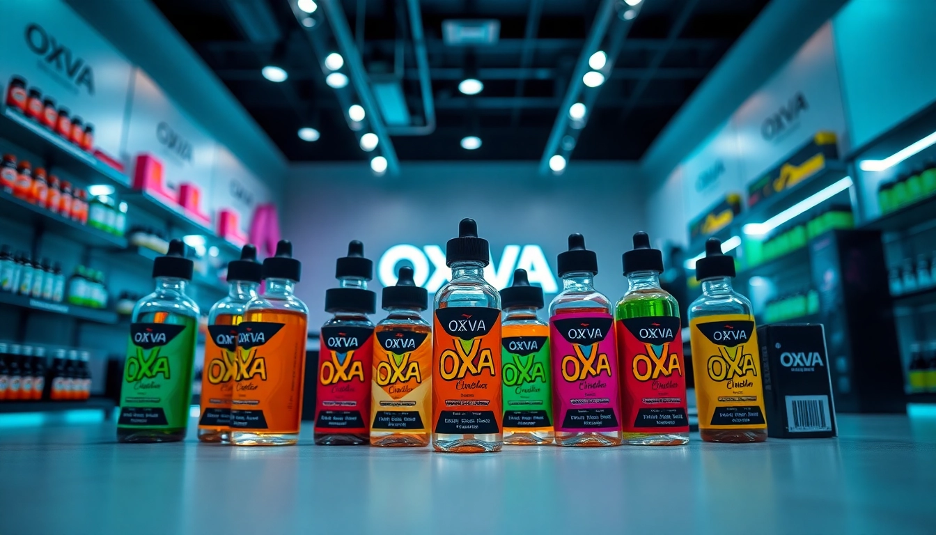 Oxva Liquid Flaschen in einem modernen Vape-Shop, farbenfroh präsentiert.