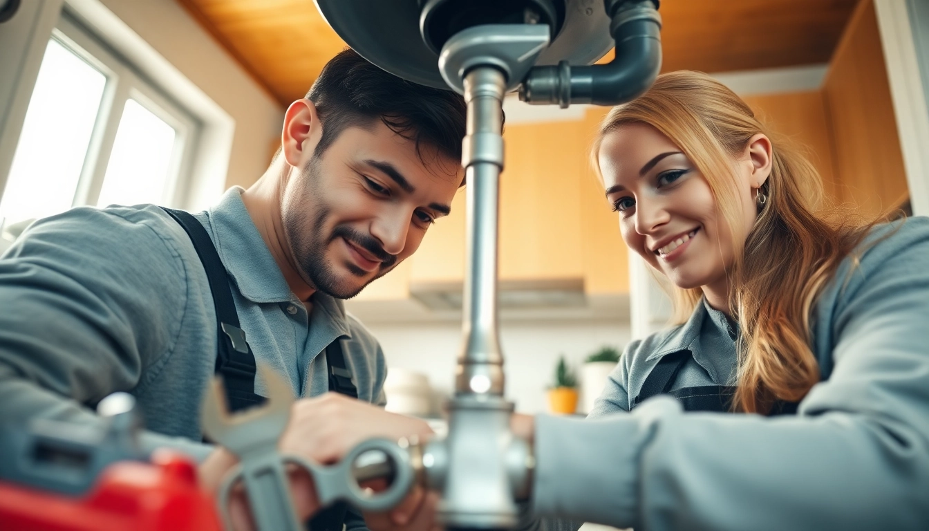 Plumbers bristol fixing a leaky pipe in a bright kitchen showcasing their teamwork.