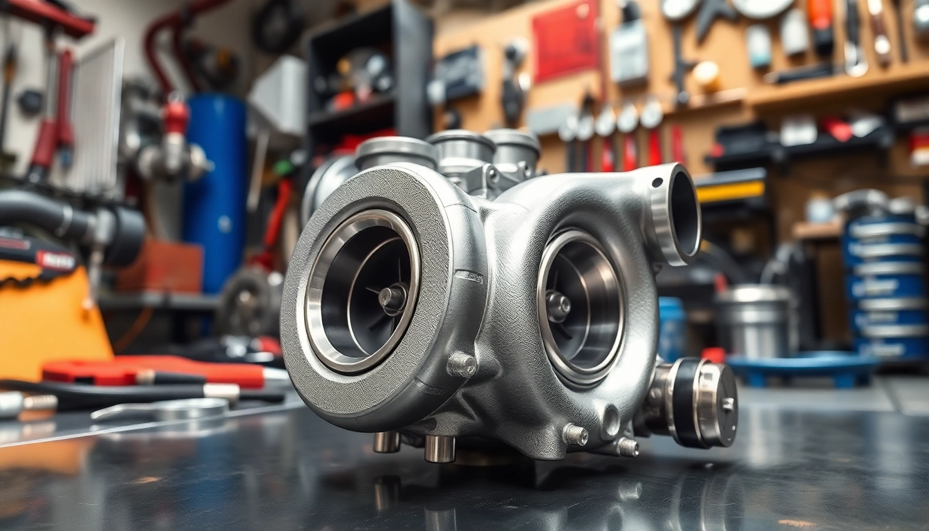 Showcasing a Turbosmart billet turbo in a detailed automotive workshop setting, highlighting its features.