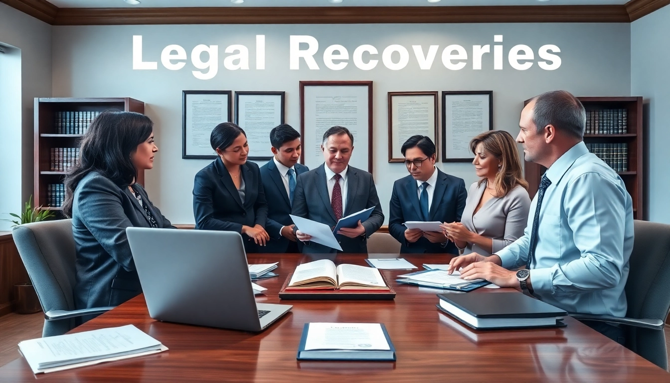 Attorneys discussing strategies for Legal Recoveries in a professional office setting.