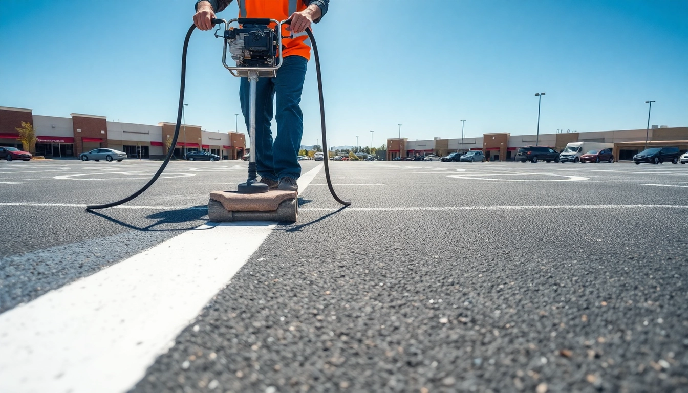 Parking lot striping near me, showcasing a professional worker creating organized lines on a sunny day.