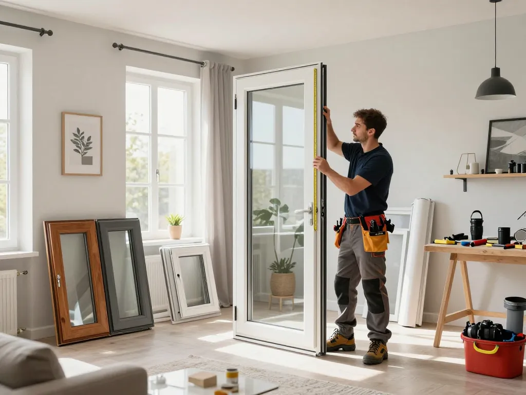 Handwerker installiert Fensterbau Köln in einem modernen Wohnzimmer und zeigt hochwertige Fensteroptionen und Werkzeuge
