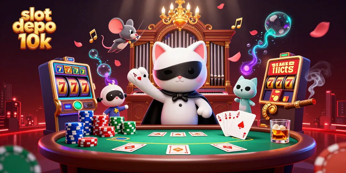 Engage in thrilling gameplay with the slot depo 10k at a vibrant casino illustration featuring characters and game elements.