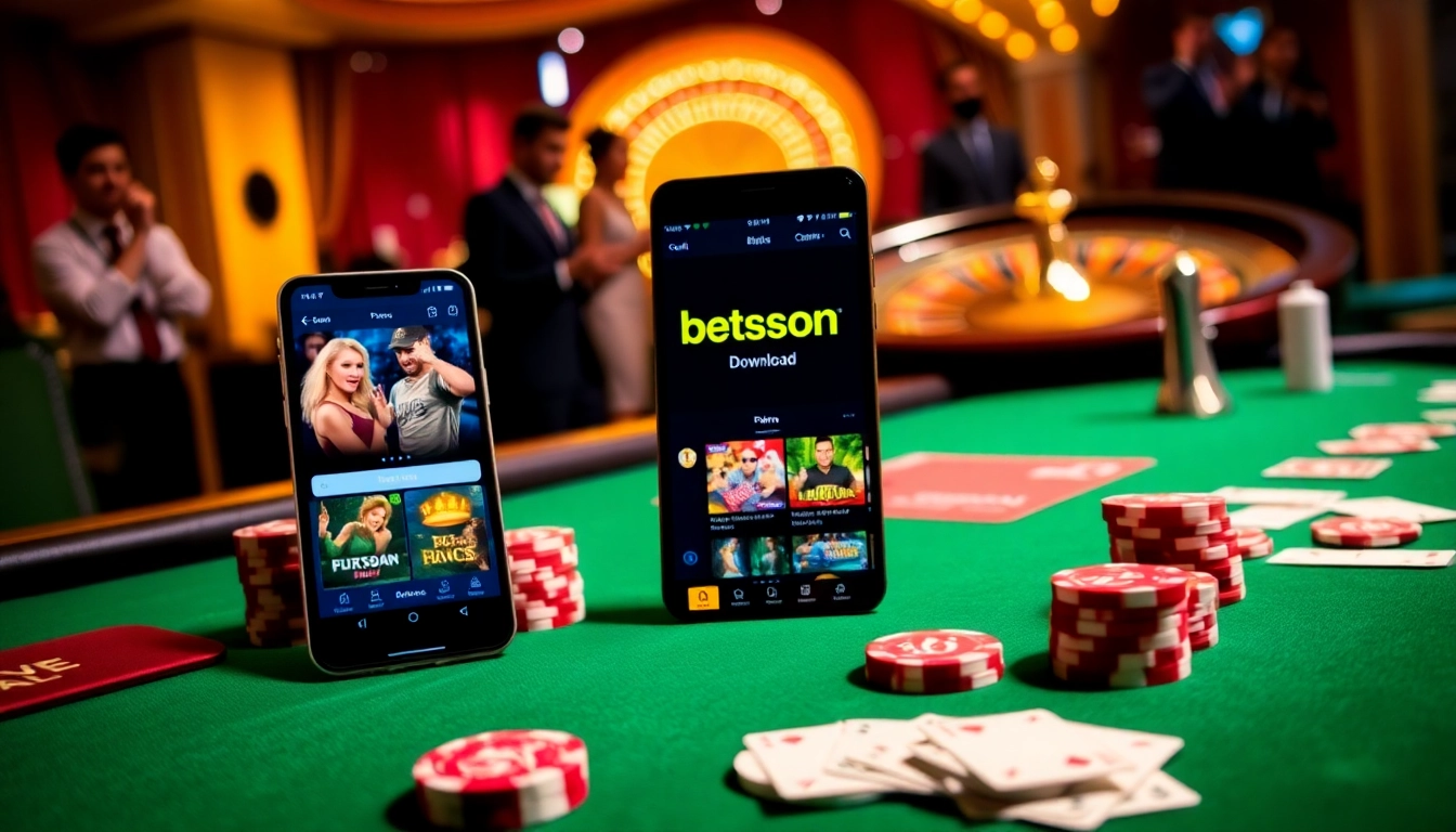 Betsson Download app displayed on a mobile device amidst a vibrant casino scene full of excitement.