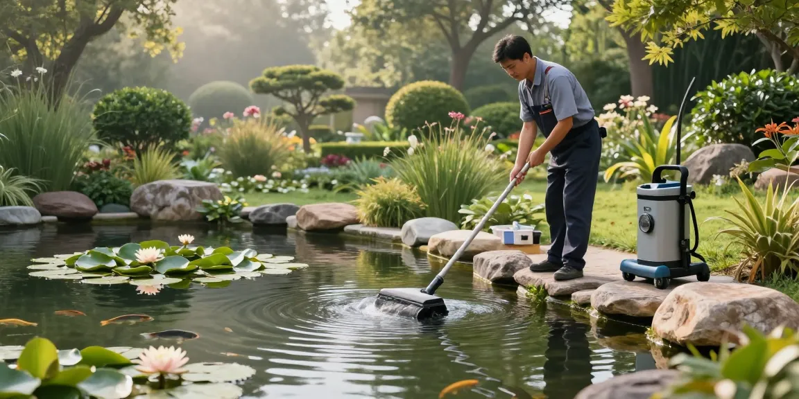 Pond Cleaning Surrey service in action, specialist cleaning a tranquil garden pond with water lilies.