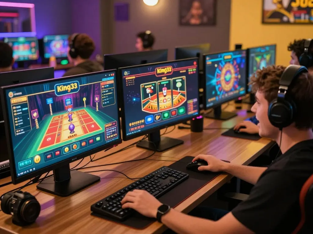 Player engaging with king33 on multiple screens, dynamic online gaming atmosphere.