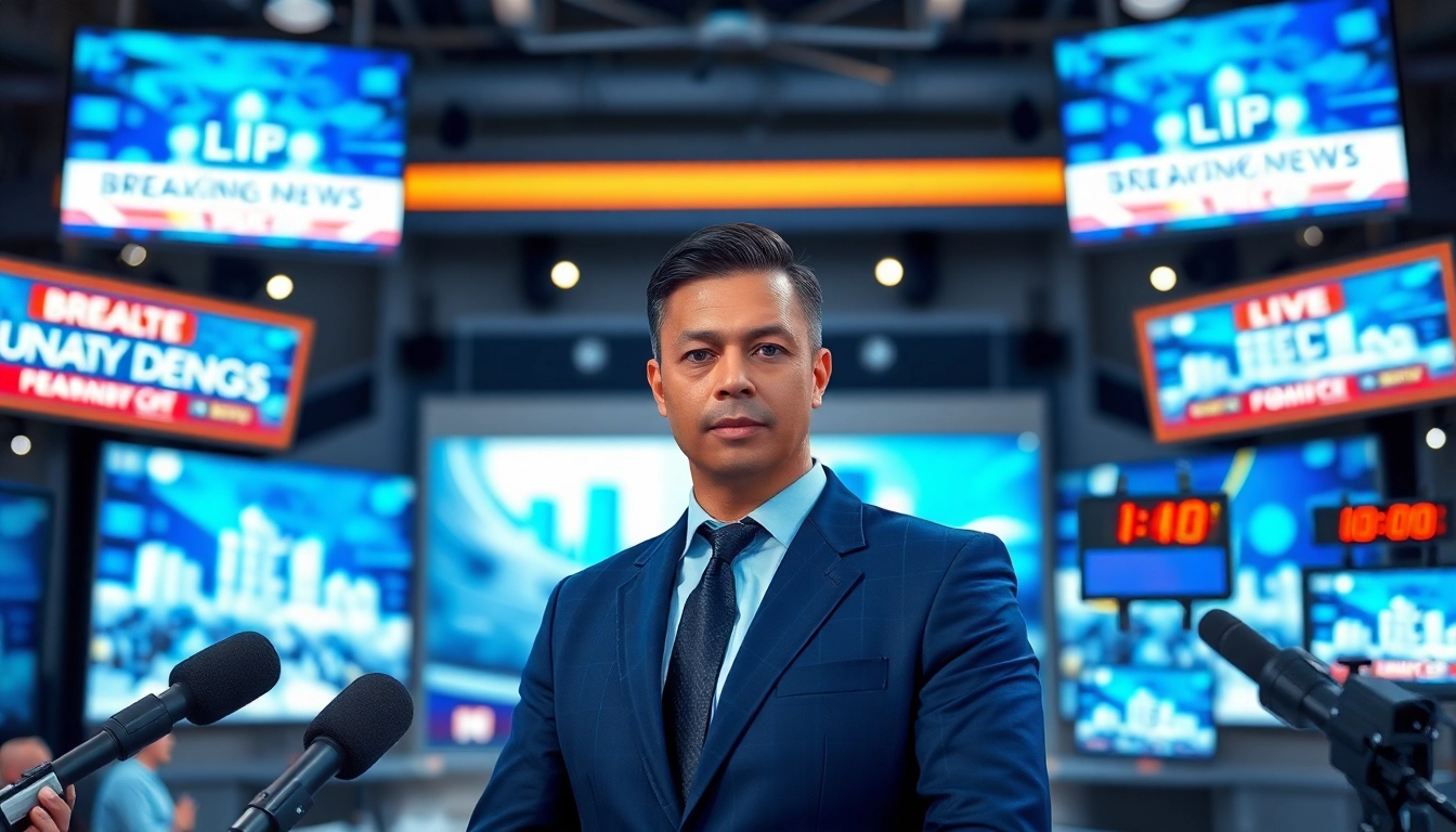 Engaging news anchor delivering the latest news in a vibrant newsroom setting.