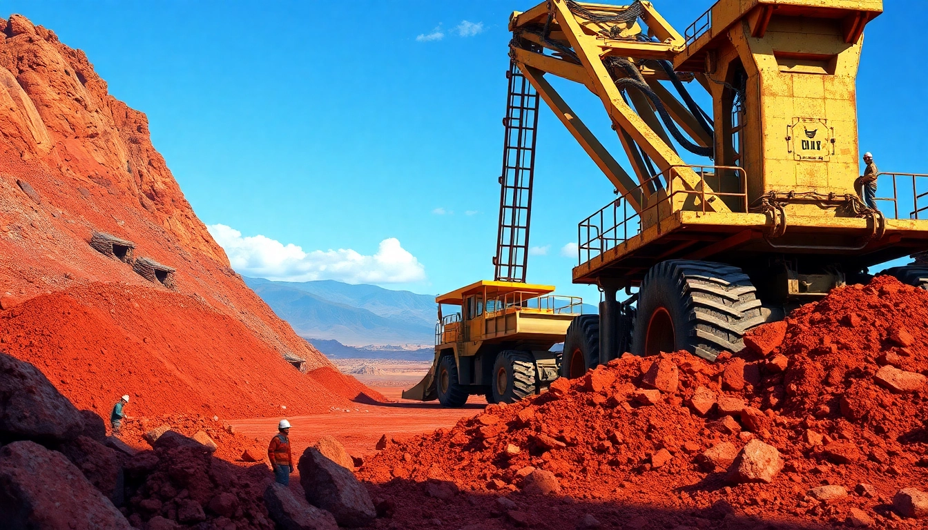 Iron ore mining depicting excavators and rich deposits, highlighting mining's industrial essence.