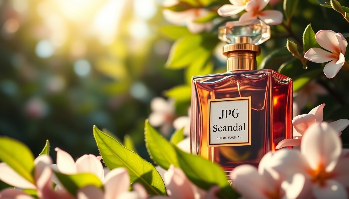 Capture the essence of Jpg Scandal with an elegant perfume bottle amidst nature.