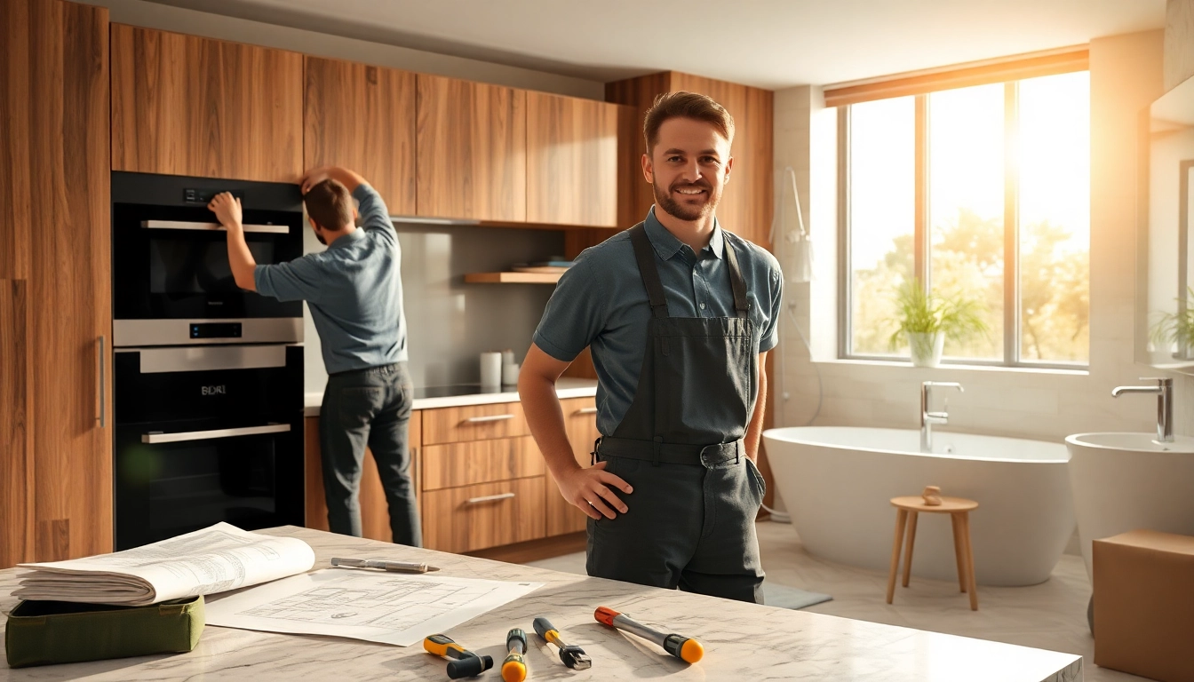 Skilled kitchen and bathroom fitters installing cabinets in a bright modern setting.