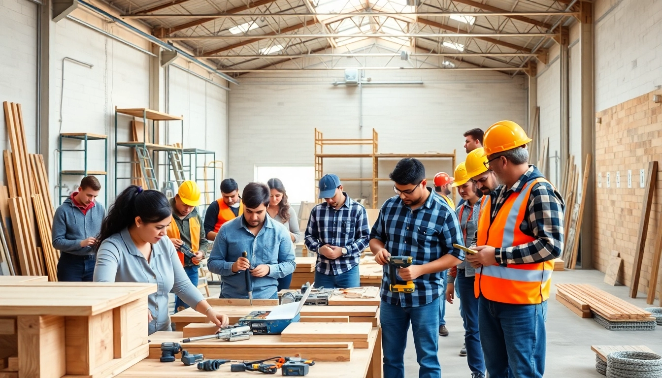 Engaged students in construction classes utilizing tools in a modern training facility.