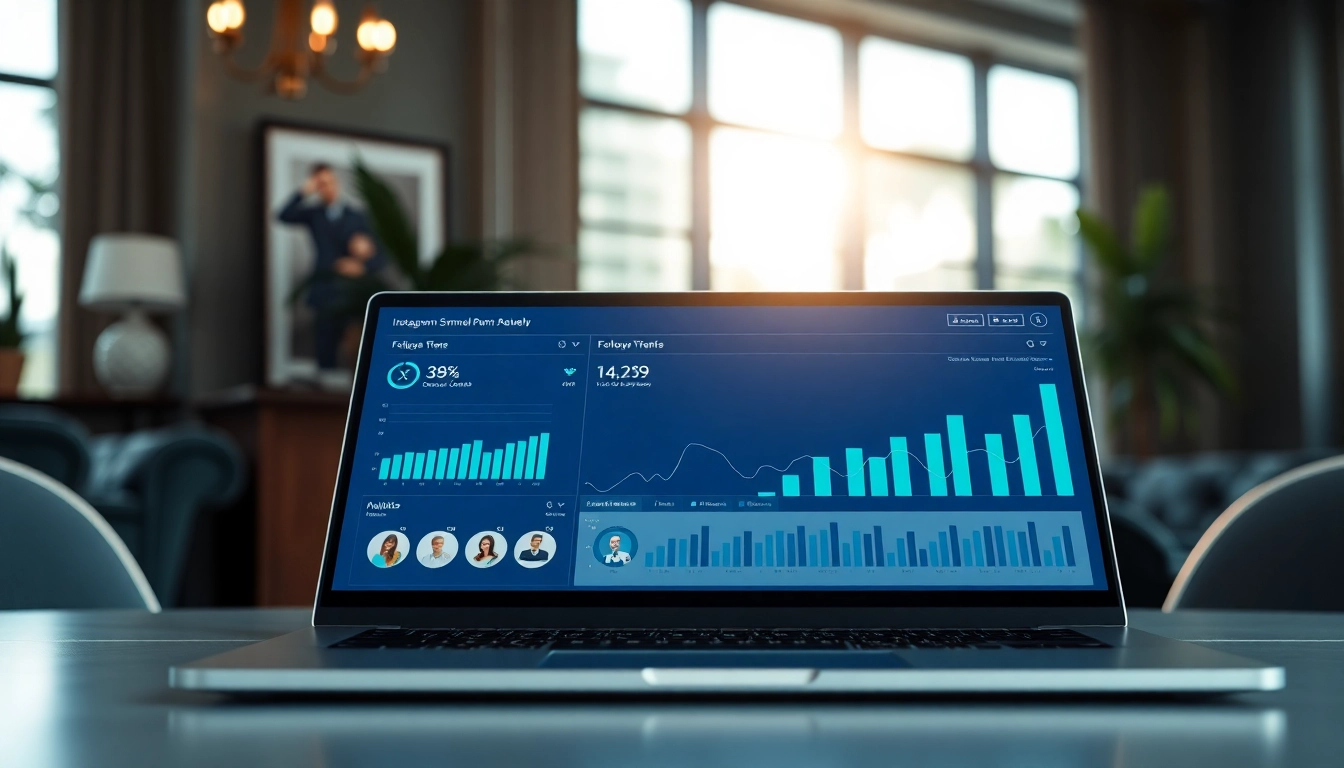 Analyze growth metrics on an Instagram smm panel interface in a modern office.