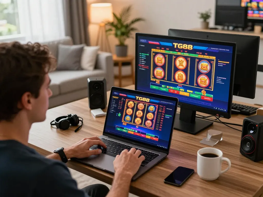 Player engaging with TG88 online casino games in a modern gaming setup, showcasing excitement in a home environment