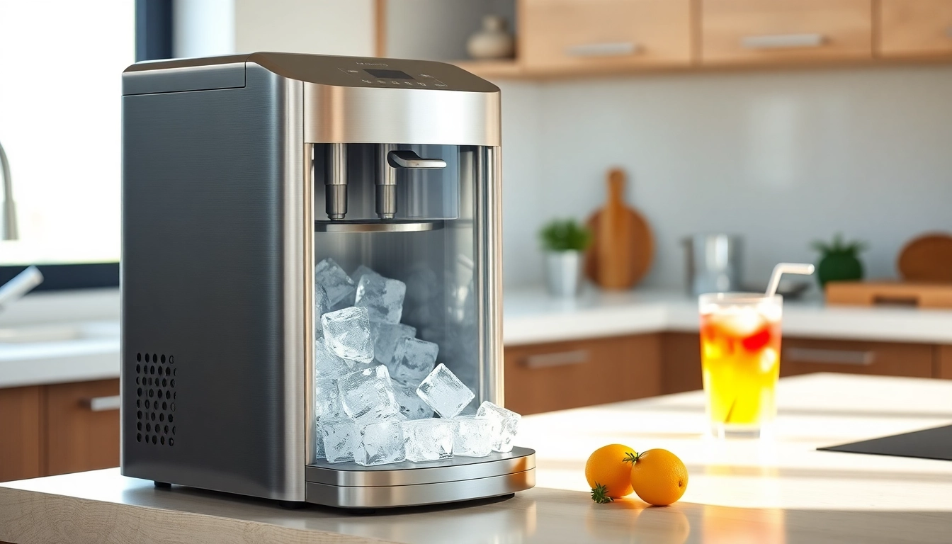 Affordable ice maker dispensing clear ice cubes on a modern kitchen counter.