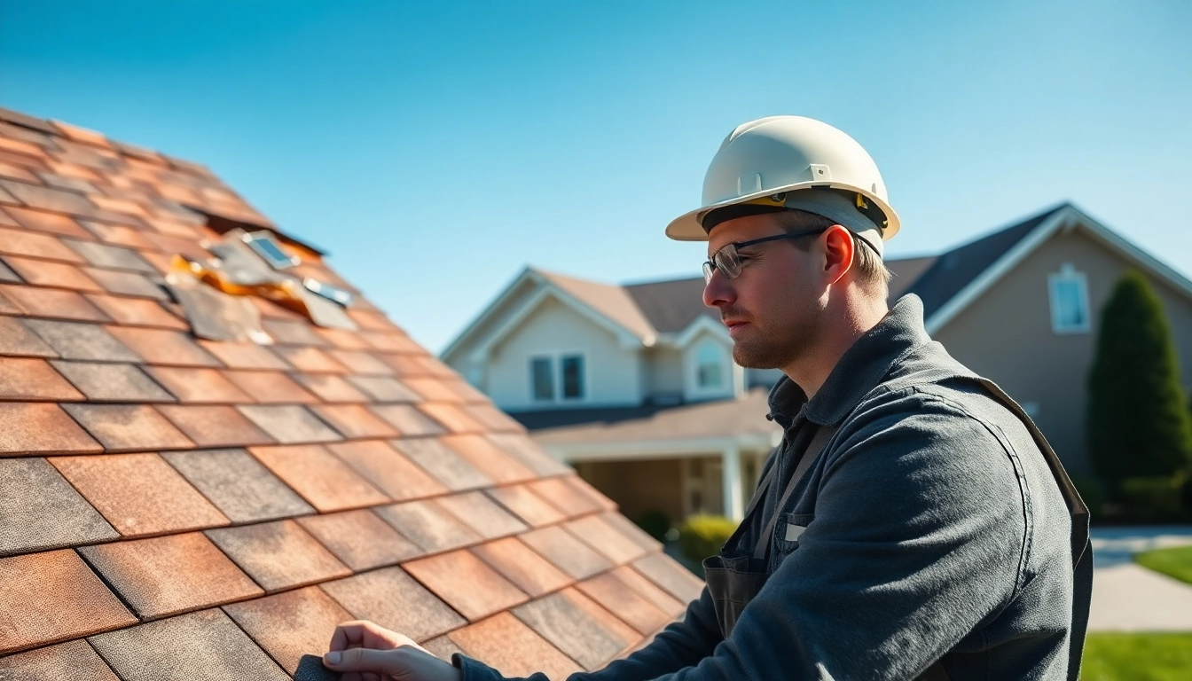 Roofer conducting roof repair inspection for damaged shingles, ensuring quality service.