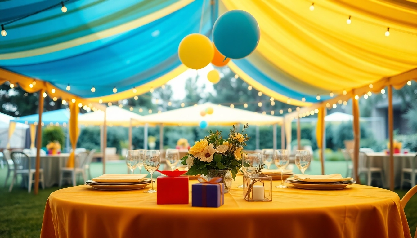 Celebrate with vibrant Party Rentals setup featuring colorful tents and elegant decor.