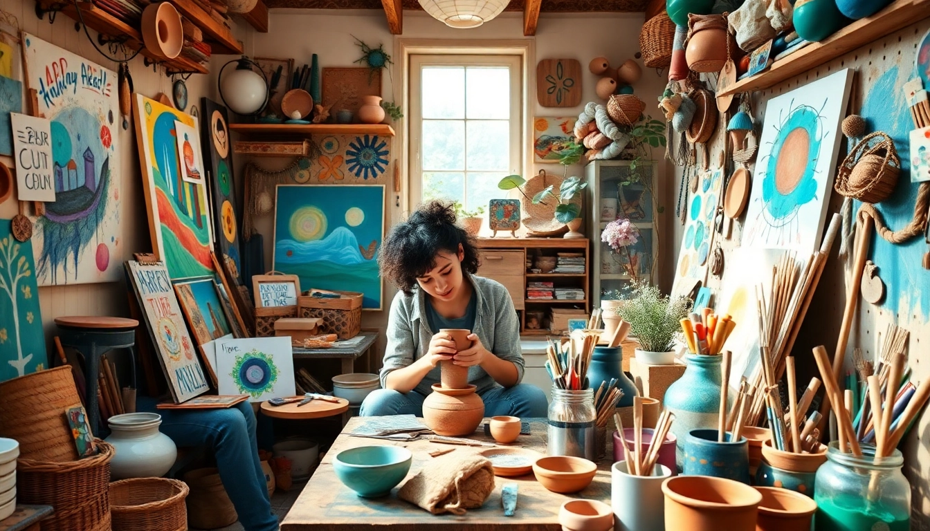 Showcase diverse niche hobbies with creative individuals crafting in a cozy environment.