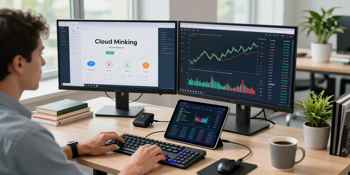 Profitable cloud mining platform interface displayed on dual monitors in a modern crypto trading workspace.