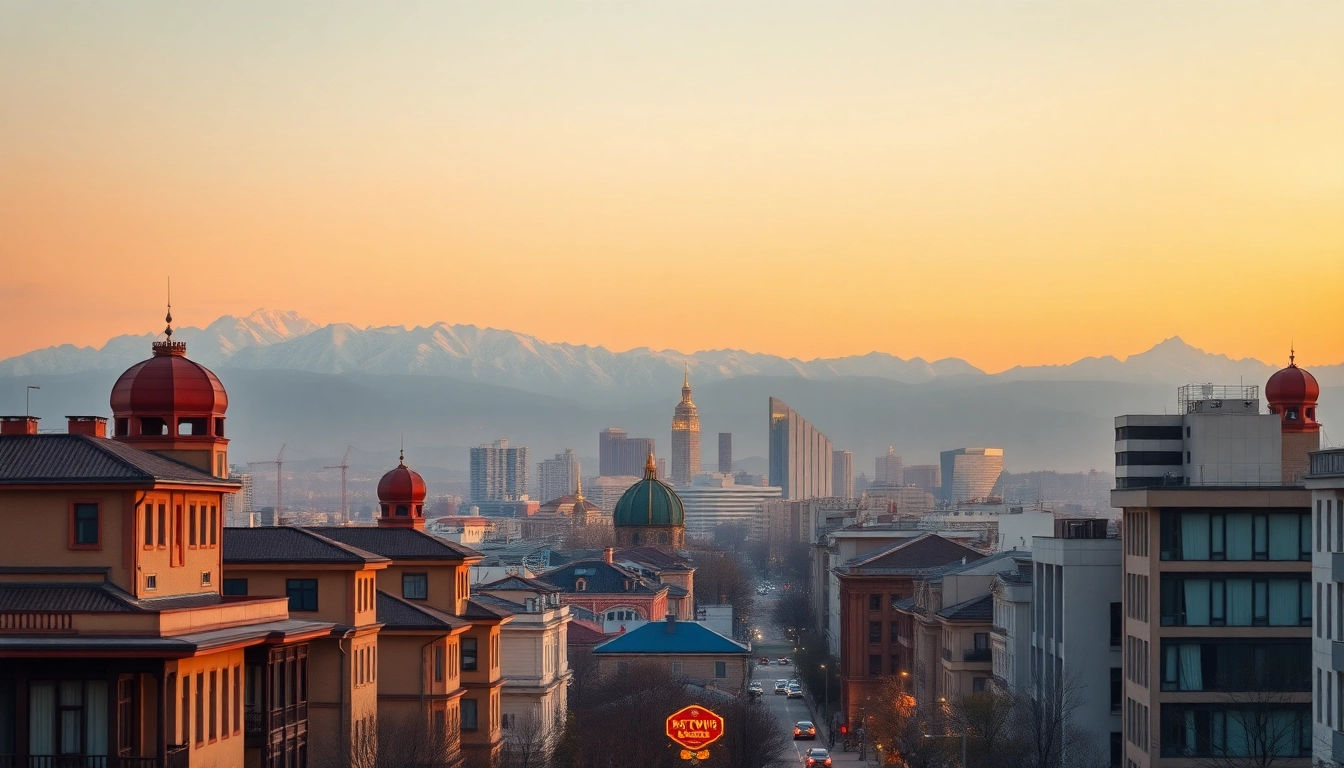 Visit https://albmaftoh.com showcasing Almaty's skyline with mountains and vibrant city lights.