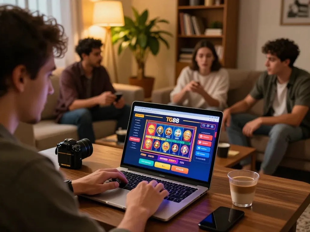 Engaged player using TG88 online casino platform on laptop, showcasing vibrant gaming interface and social atmosphere.