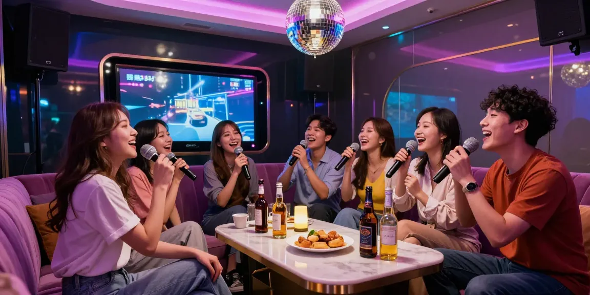 강남 가라오케에서 친구들과 즐겁게 노래 부르는 장면