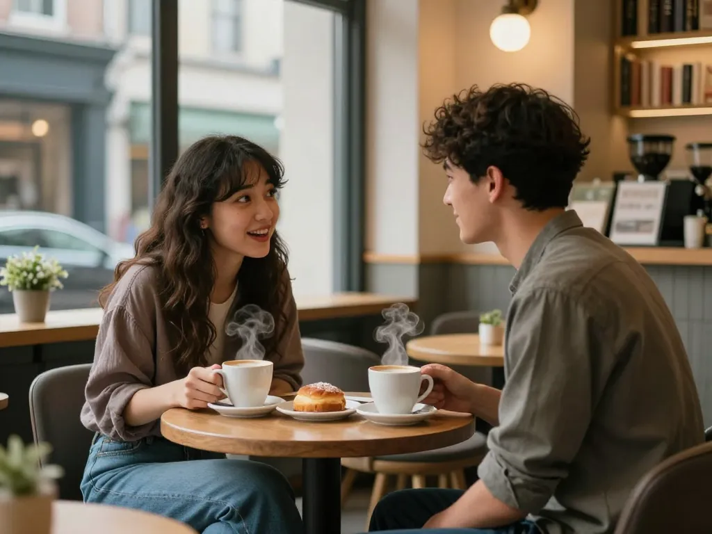 Two young adults engaging in a cozy café conversation, showcasing a crush on each other.
