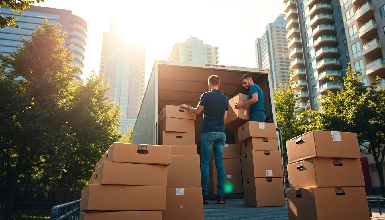 Skilled movers Vancouver loading a truck with boxes in a bright urban setting.