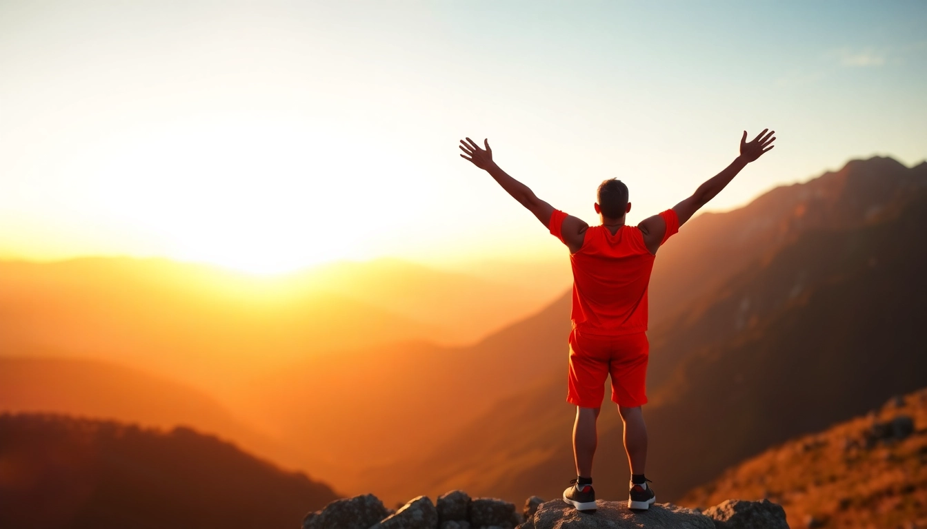 Empowered individual celebrating atop a mountain, representing the essence of a Motivational Memoir.
