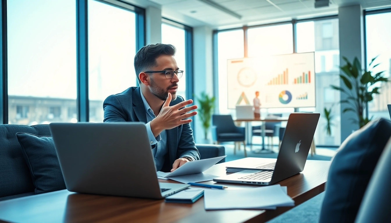 Marketing Consultant leading a strategy session in a bright, modern office setting.