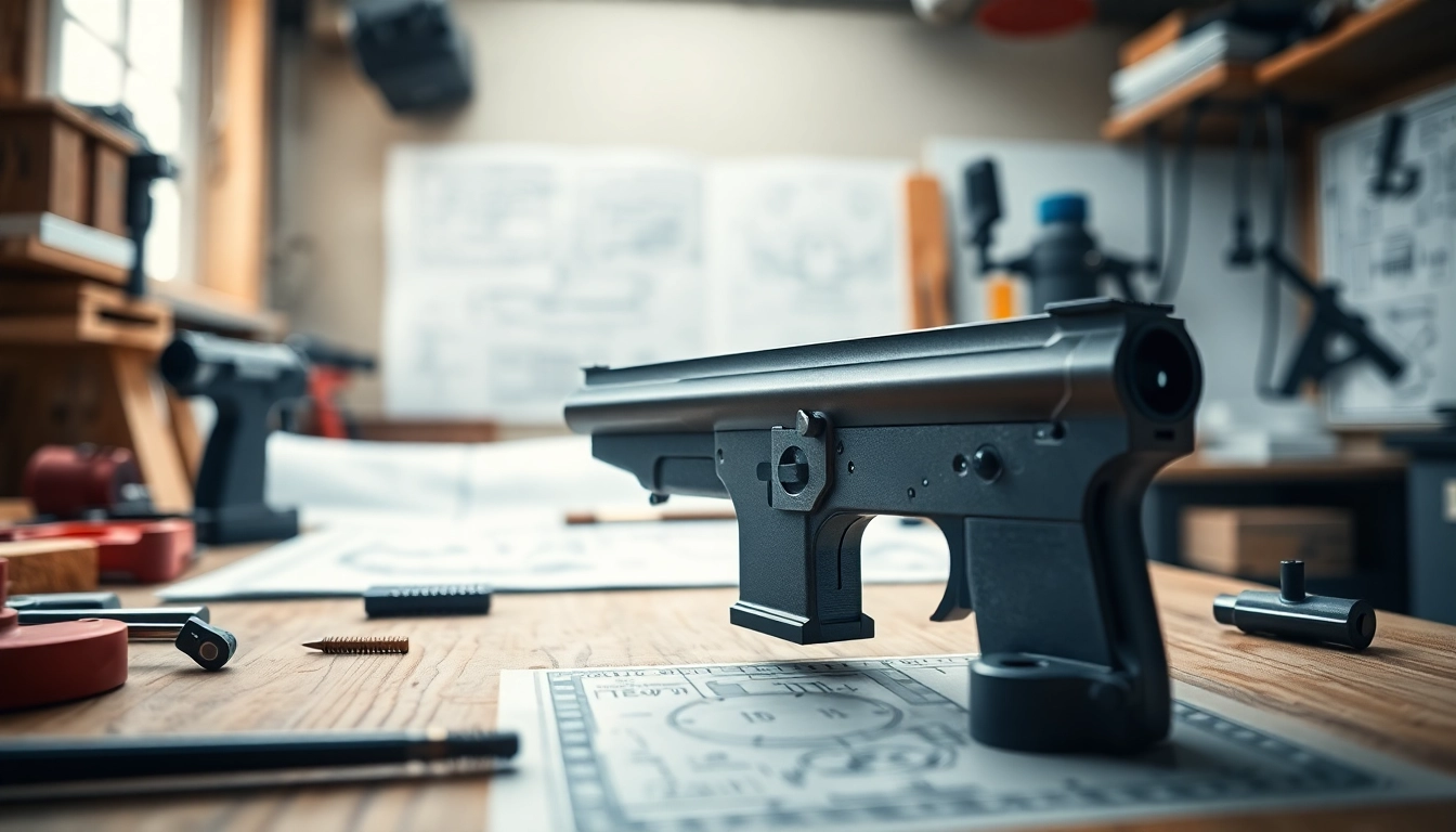 Assemble polymer 80 lower in a detailed workshop with tools and blueprints.