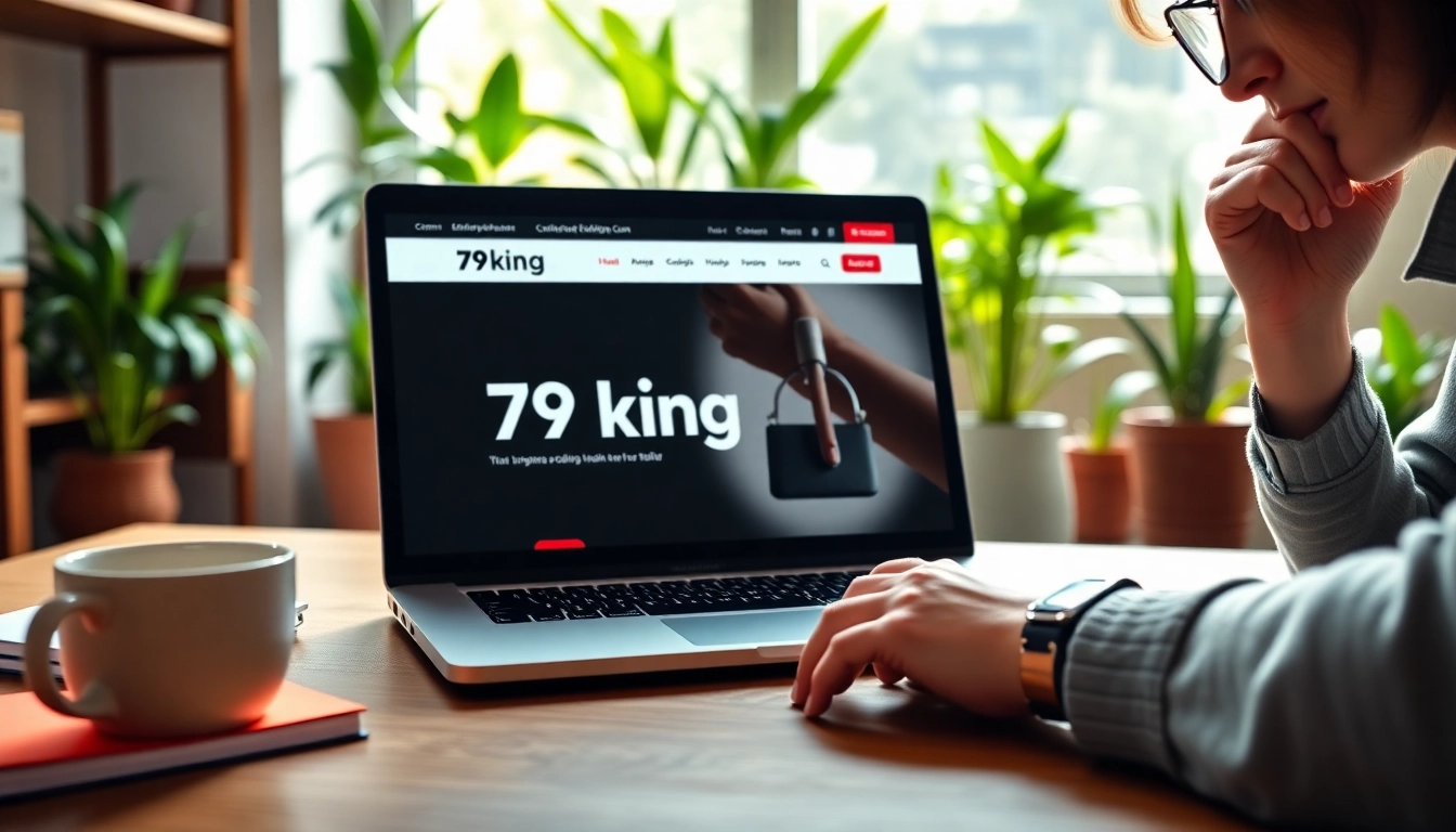 Engaged professional using the 79king website on a sleek laptop in a vibrant workspace.