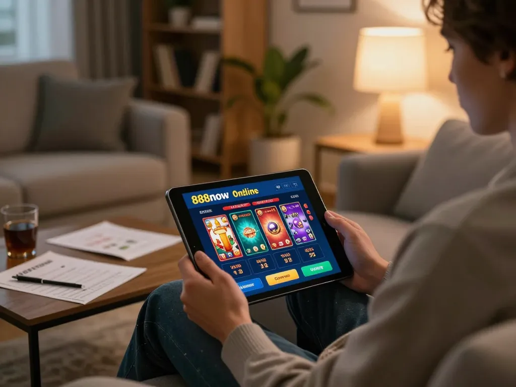 Engaging in online betting on 888now đăng nhập using a tablet in a cozy home setting.