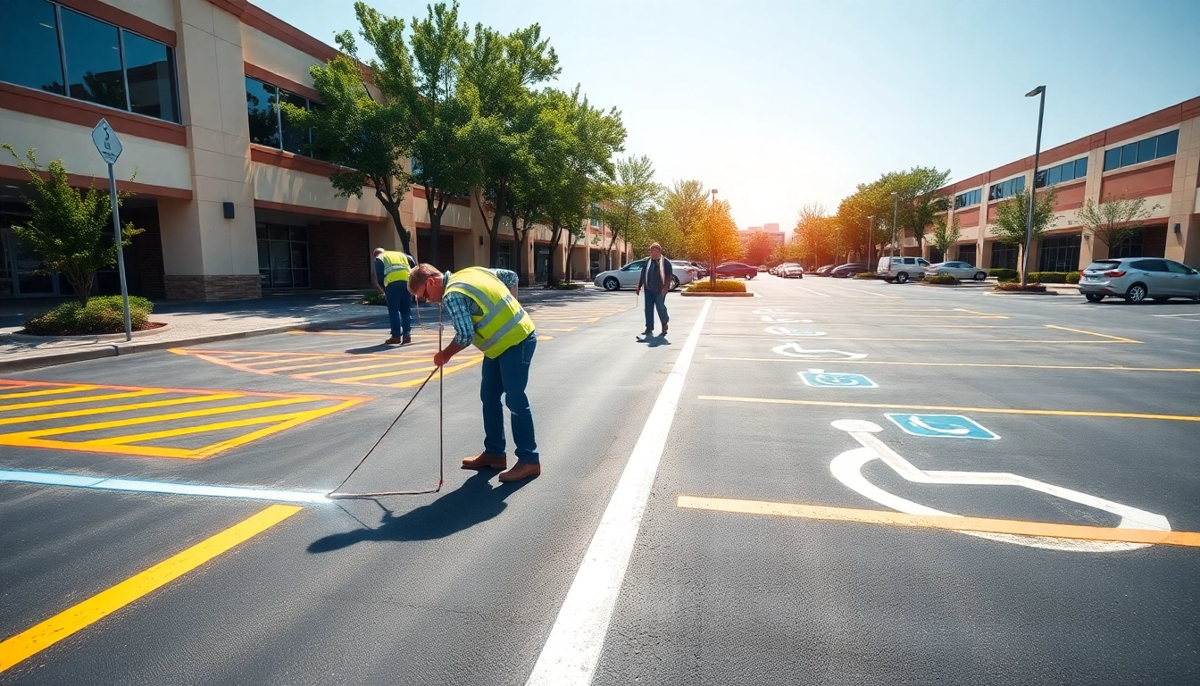 Parking lot striping Brandon MS with professional workers applying vibrant lane markings.
