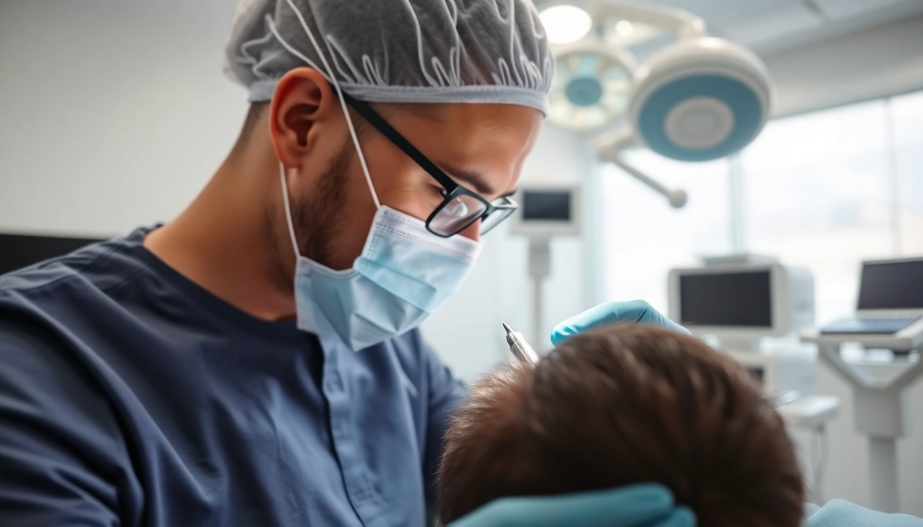 Performing a hair transplant turkey procedure in a modern clinic setting, showcasing precision and care.