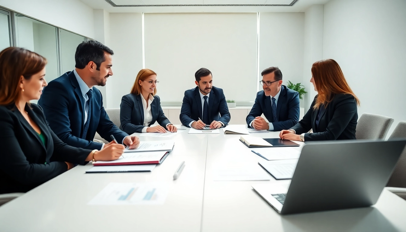 USA lawyers discussing strategies and collaborating in a modern office setting.