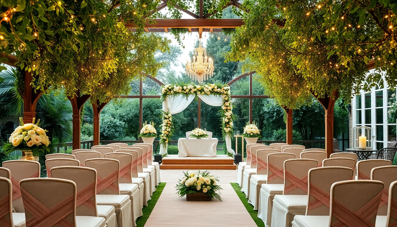 Hochzeitslocation in einer eleganten Gartenumgebung mit romantischer Dekoration