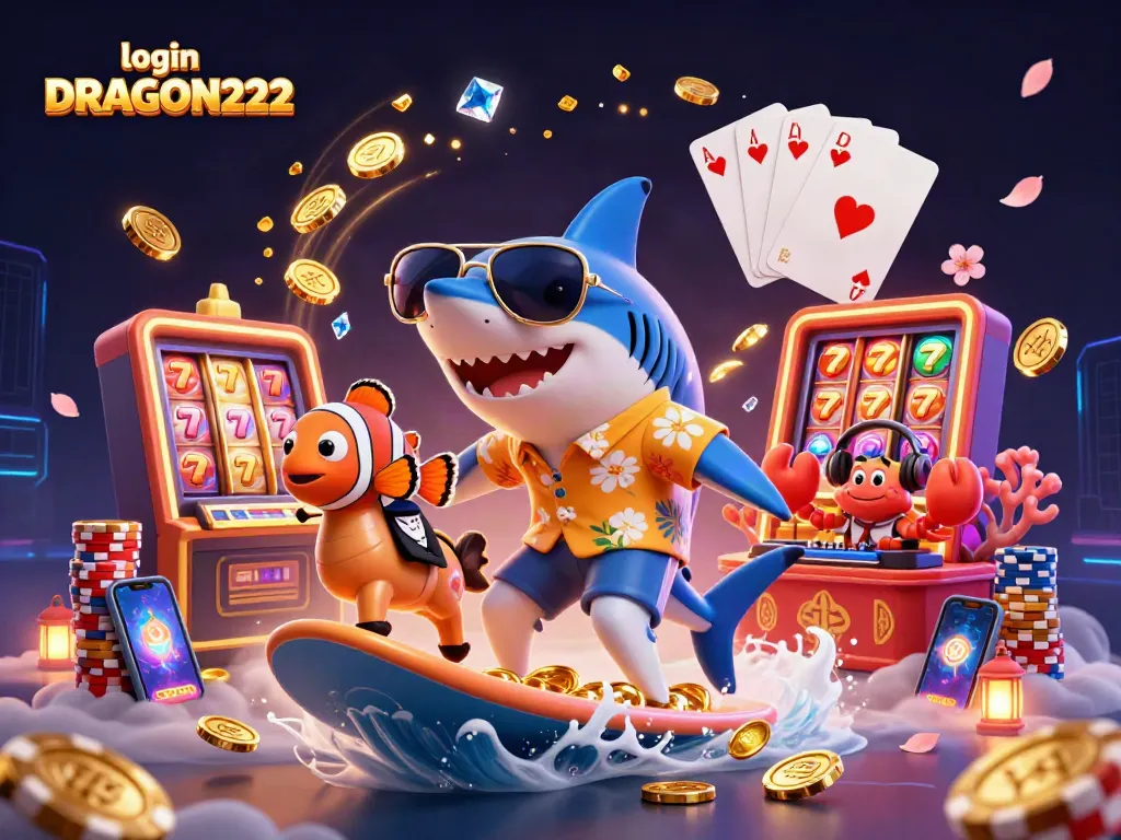 Spin and win with login DRAGON222 on a vibrant, tropical-themed casino adventure illustration.