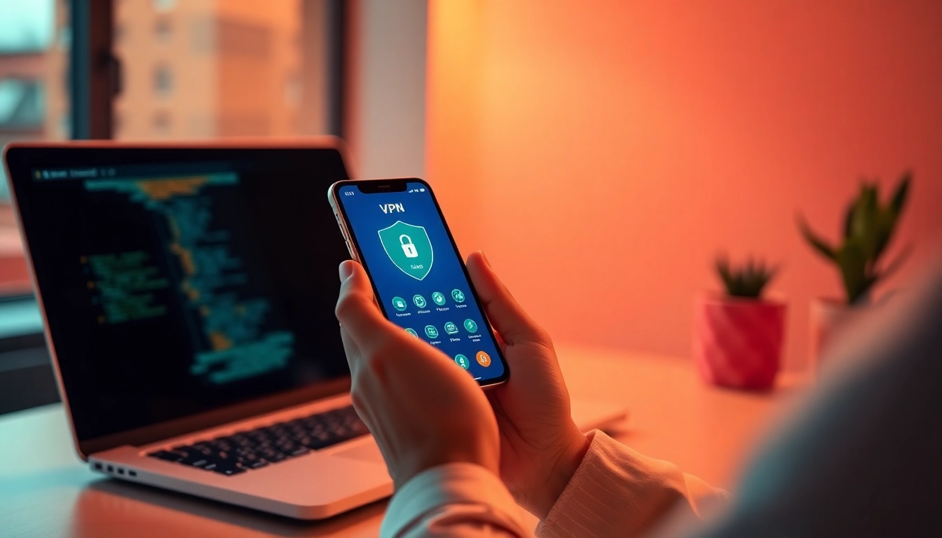 快连下载 app interface on a smartphone in a modern workspace, showcasing seamless connectivity and security features.