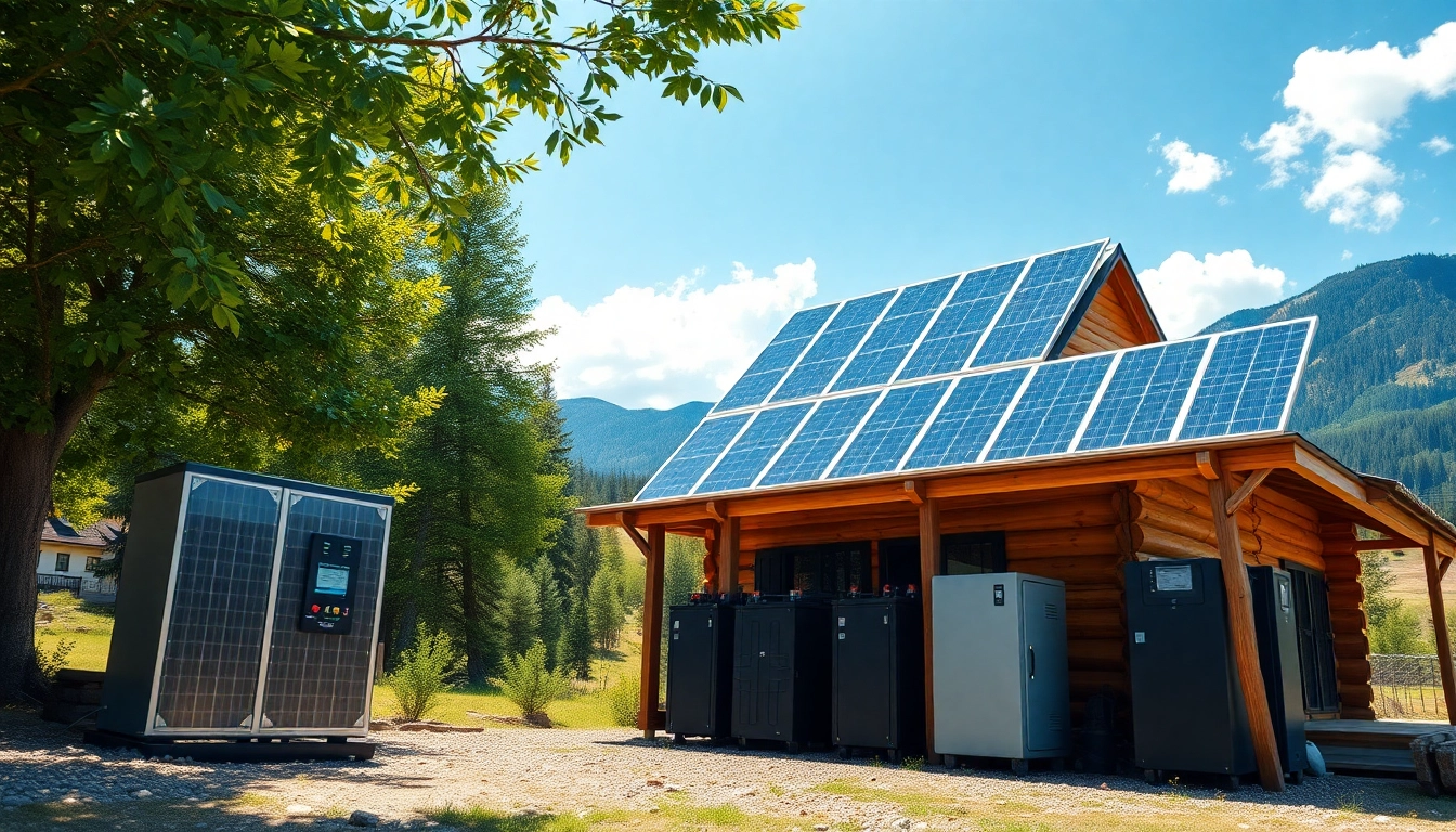 Showcasing an off grid solar system with solar panels, batteries, and inverter next to a rustic cabin in nature.
