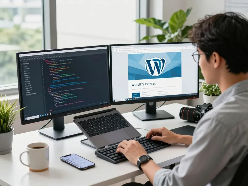 WordPress developer Kuala Lumpur at modern workspace with dual monitors, engaged in coding.