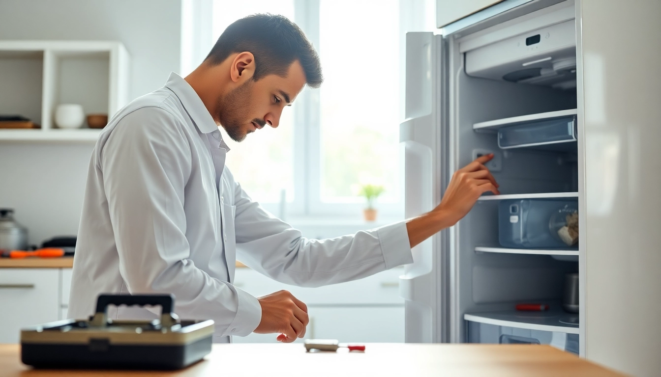 Technician offers expert appliance repair ottawa service, fixing a refrigerator in a well-lit kitchen.