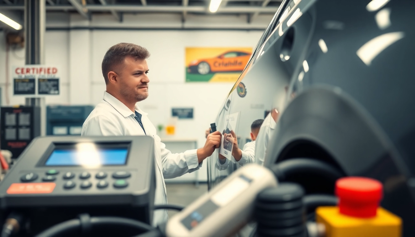 Technician conducting a California Smog Check on a vehicle in a professional automotive garage.