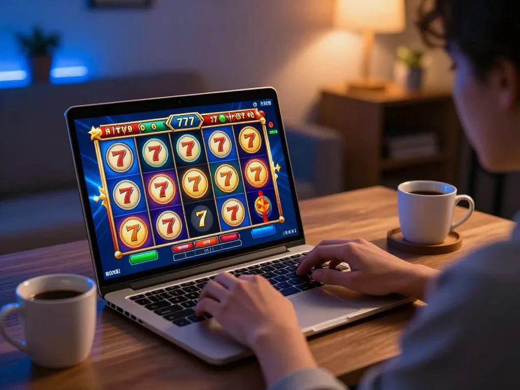 Player engaged in an online slot 777 game on a laptop, showcasing bright graphics and strategic gameplay.